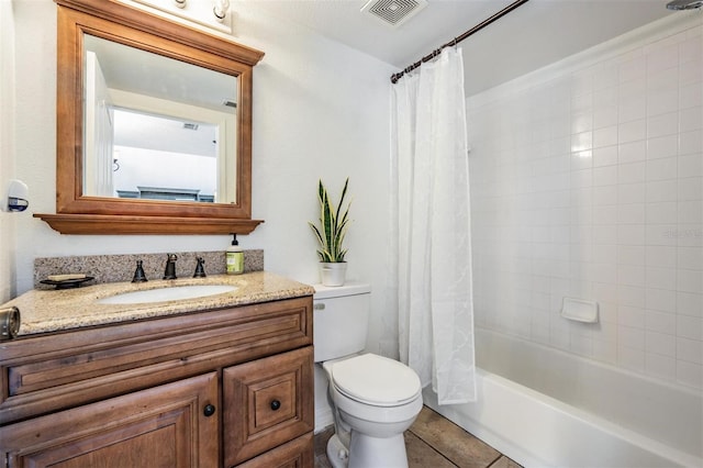 full bathroom with tile patterned floors, vanity, shower / bath combination with curtain, and toilet