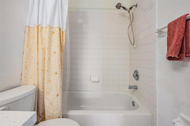 bathroom with shower / bathtub combination with curtain and toilet