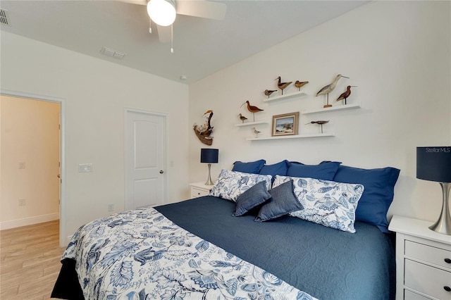 bedroom with ceiling fan and light wood-type flooring