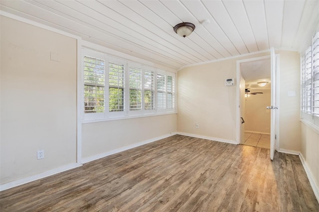 empty room featuring hardwood / wood-style floors, plenty of natural light, and wood ceiling