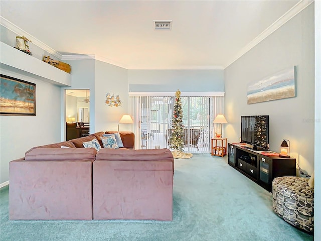 living room with carpet flooring and ornamental molding