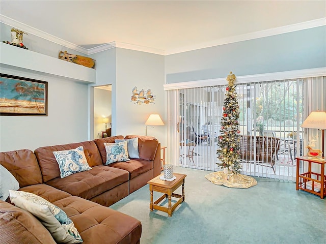 carpeted living room featuring ornamental molding