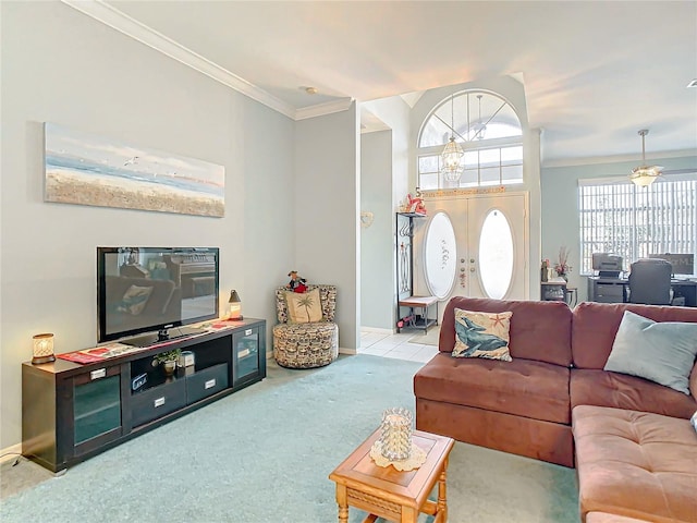 carpeted living room with ornamental molding