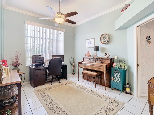 home office with ceiling fan, ornamental molding, and light tile patterned flooring