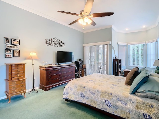 bedroom with access to outside, ceiling fan, crown molding, and carpet