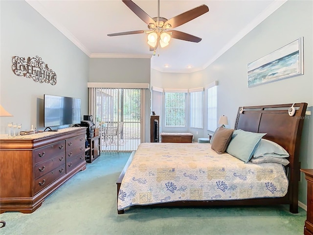 carpeted bedroom featuring access to exterior, ceiling fan, and ornamental molding