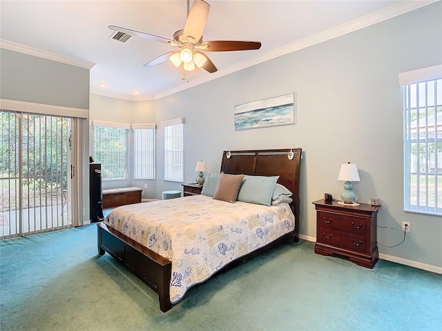 carpeted bedroom with multiple windows, ceiling fan, crown molding, and access to exterior