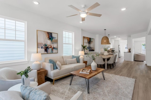 living room featuring light wood-type flooring, a wealth of natural light, and ceiling fan