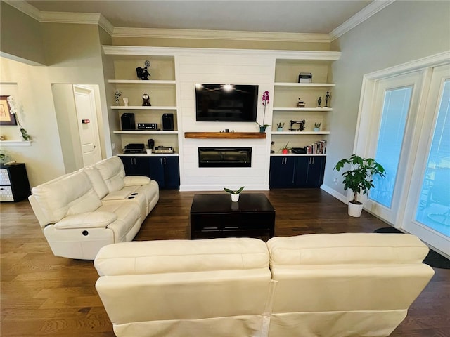 living room featuring crown molding, a fireplace, and dark wood-type flooring