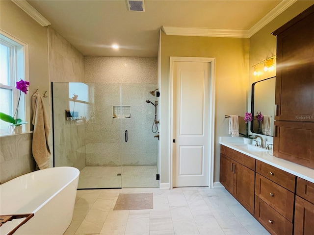 bathroom with tile patterned flooring, vanity, ornamental molding, and plus walk in shower