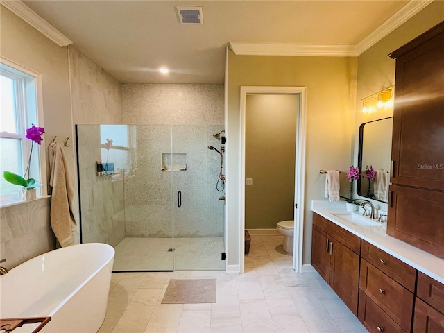 full bathroom with vanity, toilet, ornamental molding, and plus walk in shower