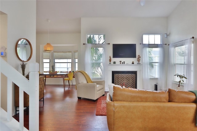 living room with plenty of natural light and dark wood-type flooring