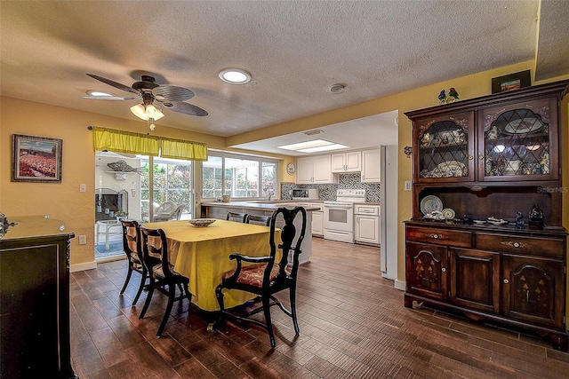 dining room featuring dark wood-type flooring, ceiling fan, sink, and a textured ceiling