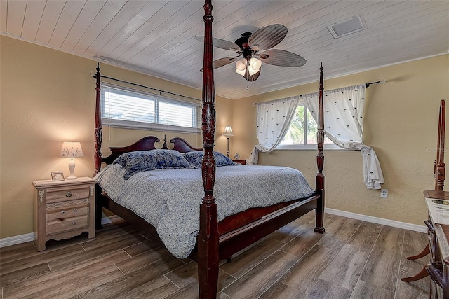 bedroom with ceiling fan, wooden ceiling, wood finished floors, visible vents, and baseboards