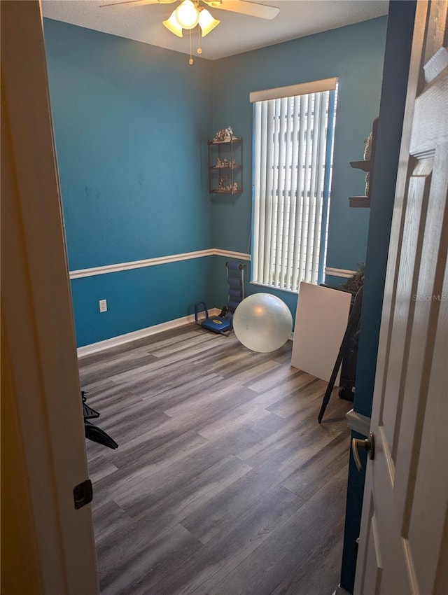 workout area featuring ceiling fan and hardwood / wood-style floors