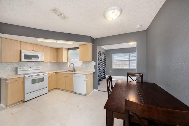 kitchen with light brown cabinets, plenty of natural light, white appliances, and sink