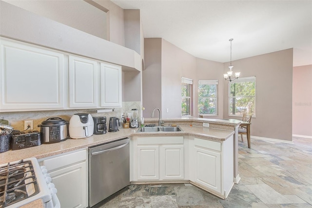 kitchen with white cabinetry, sink, dishwasher, a chandelier, and white gas range oven