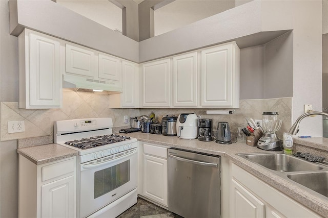 kitchen with dishwasher, white cabinets, white gas range, and sink