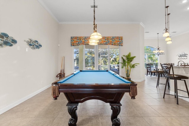 recreation room with light tile patterned flooring, crown molding, and billiards