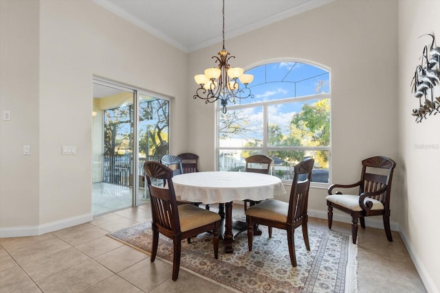 tiled dining room with ornamental molding, a wealth of natural light, and an inviting chandelier