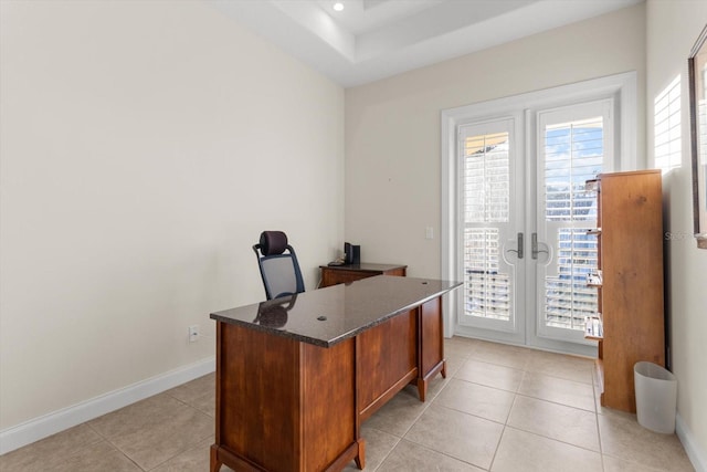 office area featuring french doors and light tile patterned floors