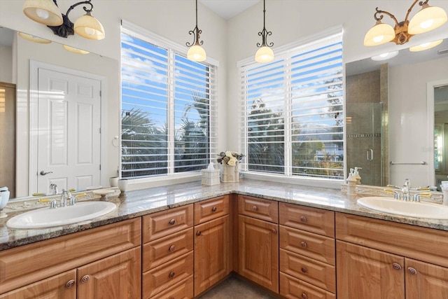 bathroom with vanity and a shower with shower door