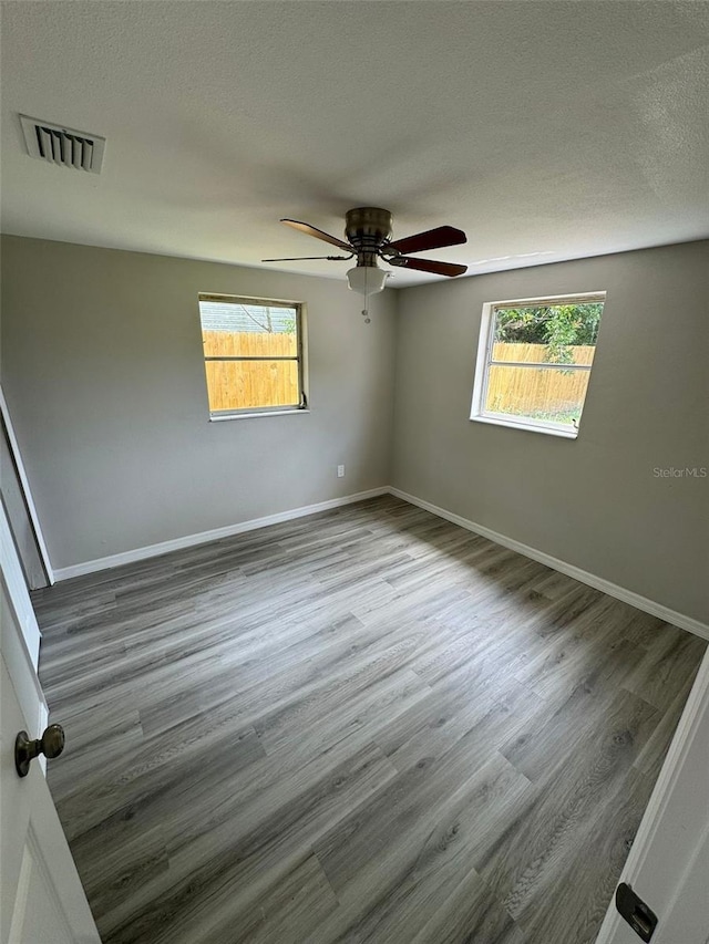 spare room featuring wood-type flooring, a textured ceiling, and a wealth of natural light