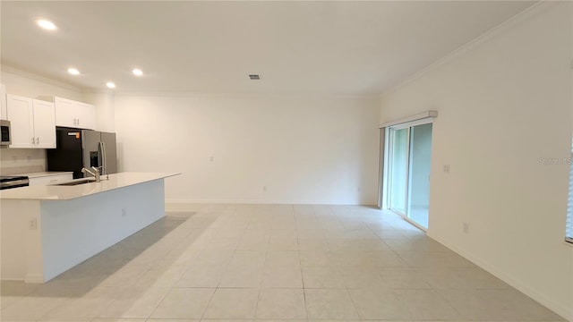 kitchen with sink, white cabinetry, crown molding, and appliances with stainless steel finishes