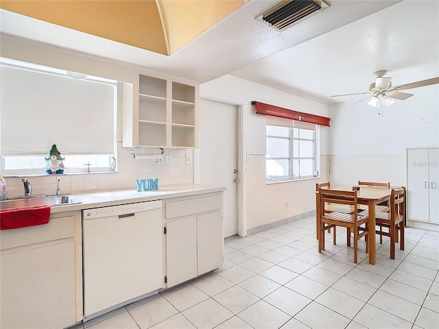 kitchen with tasteful backsplash, ceiling fan, sink, dishwasher, and white cabinetry