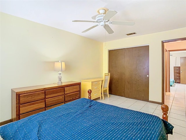 tiled bedroom featuring ceiling fan and a closet