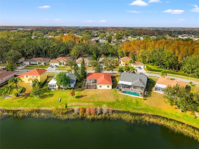 drone / aerial view featuring a water view