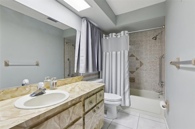 full bathroom featuring tile patterned flooring, vanity, shower / bath combination with curtain, and toilet