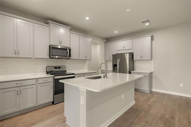 kitchen featuring sink, a center island with sink, appliances with stainless steel finishes, light hardwood / wood-style floors, and backsplash