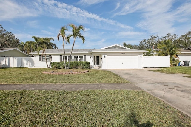 ranch-style house featuring a front lawn and a garage