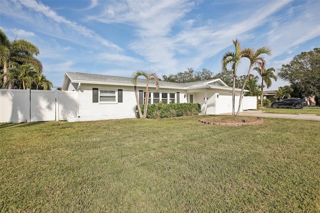 ranch-style house with a garage and a front lawn