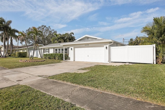 ranch-style home with a garage and a front lawn