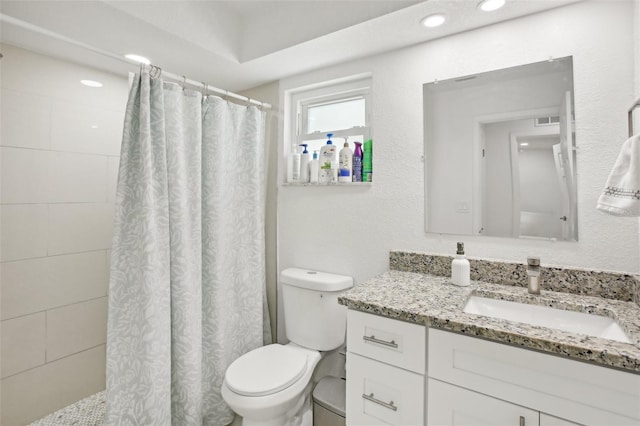 bathroom featuring vanity, toilet, and curtained shower