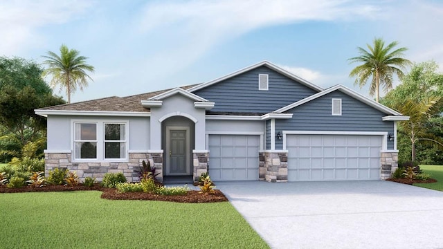 view of front of property with a garage and a front lawn