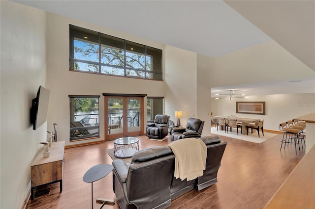 living room featuring hardwood / wood-style flooring and a high ceiling