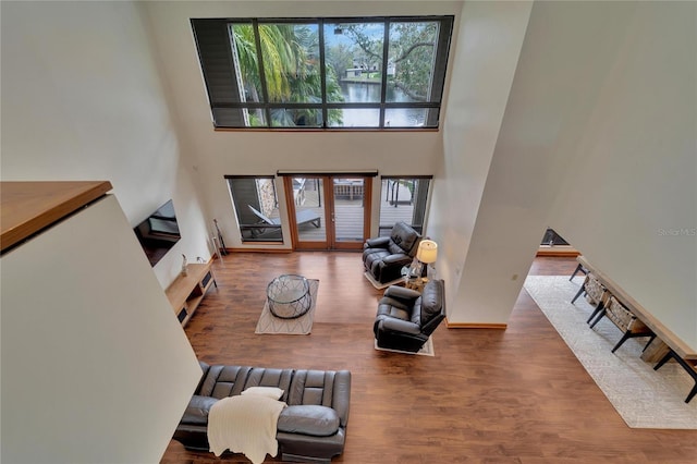 living room featuring hardwood / wood-style floors and a towering ceiling