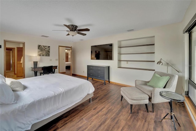 bedroom featuring ceiling fan and dark wood-type flooring