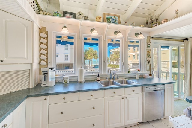 kitchen with sink, white cabinets, stainless steel dishwasher, and plenty of natural light