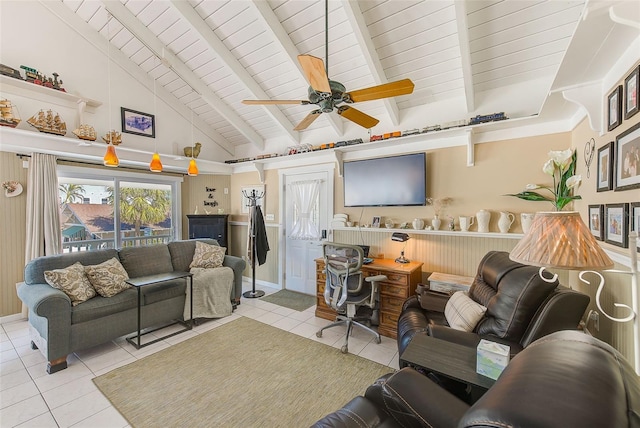 tiled living room featuring beamed ceiling, ceiling fan, wood ceiling, and high vaulted ceiling