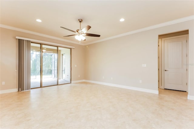 spare room with ceiling fan and ornamental molding