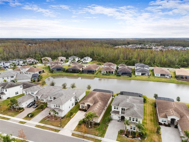 drone / aerial view featuring a water view