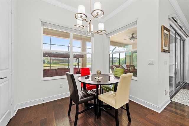 dining space with a wealth of natural light, crown molding, and dark wood-type flooring