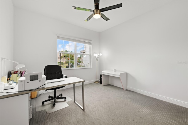 office area featuring ceiling fan and carpet