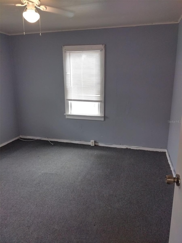 unfurnished room with ceiling fan and carpet floors