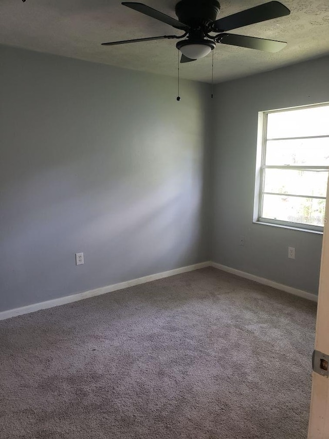 spare room featuring a textured ceiling, carpet floors, and ceiling fan