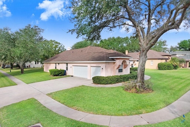 view of front of home with a front lawn and a garage